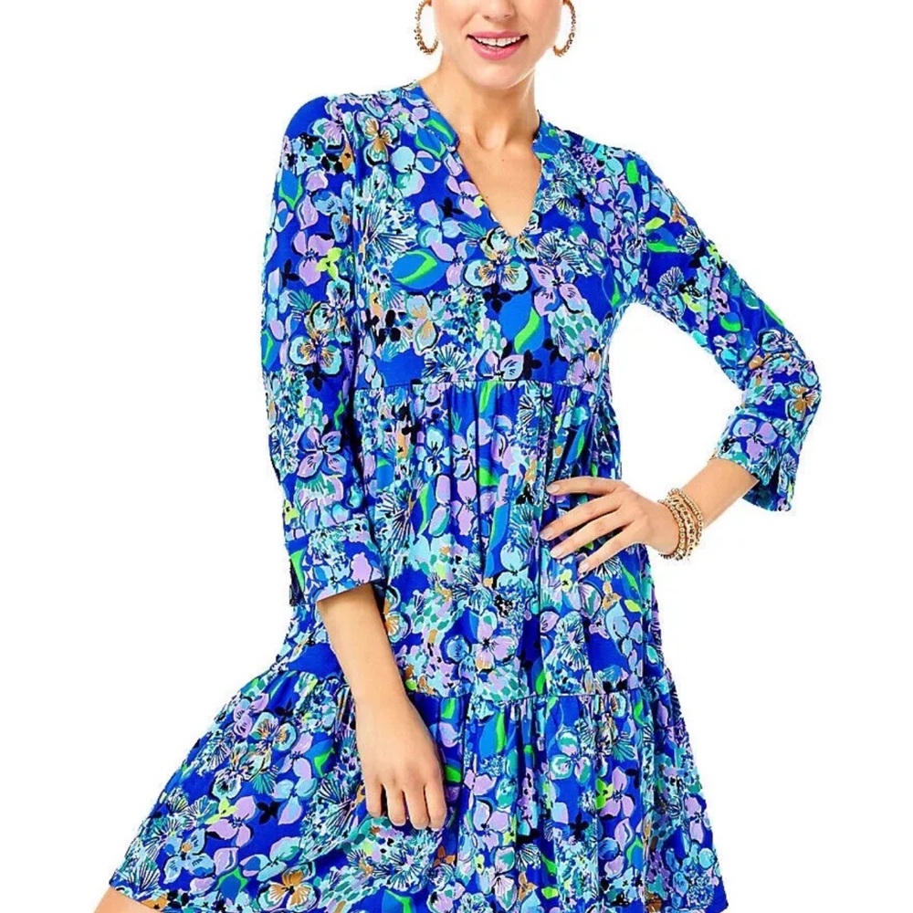 NWT Lilly Pulitzer Alaina 3/4 Sleeve Blue Grotto Floral Dress XS